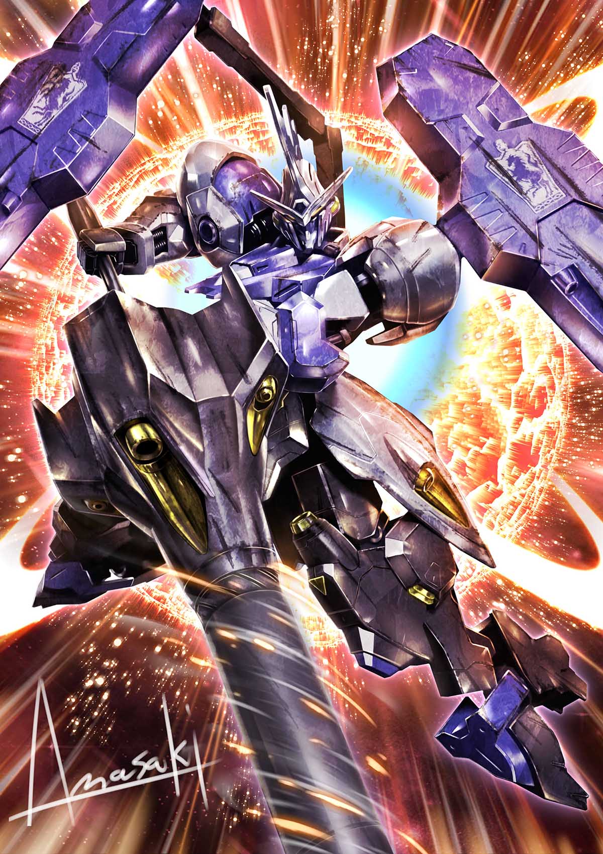 artist_name, commentary_request, glowing, glowing_eyes, gundam, gundam_kimaris_vidar, gundam_tekketsu_no_orphans, highres