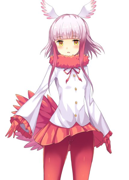 1girl, bangs, blunt_bangs, blush, cowboy_shot, crested_ibis_(kemono_friends), eyebrows_visible_through_hair, frilled_sleeves