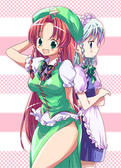 blue_eyes, blush, green_eyes, hairband, hat, hong_meiling, izayoi_sakuya, long_hair, maid, red_hair, redhead, ribbon, ribbons, rom_sen, saya0426_(pixiv), short_hair, silver_hair, touhou