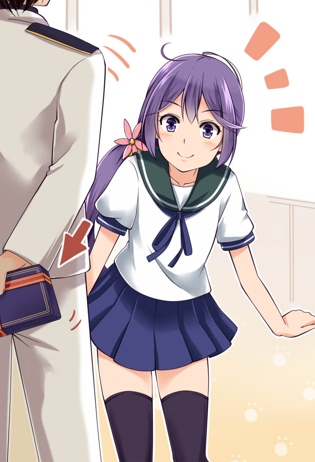>:), +++, 1boy, 1girl, admiral_(kantai_collection), akebono_(kantai_collection), black_legwear, blue_skirt