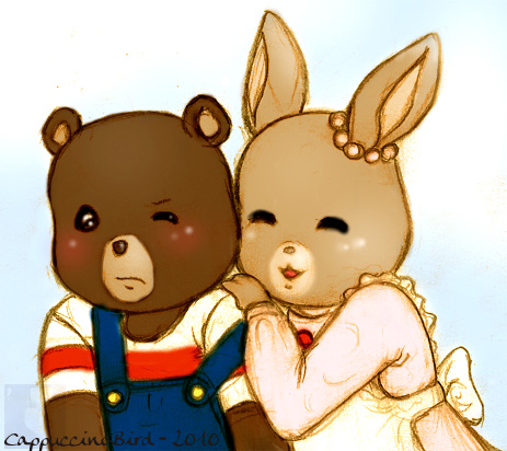 1boy, 1girl, 80s, annoyed, apron, bear, blush, bobby_(maple_town), cappuccinobird, closed_eyes, dress, furry, happy, lowres, maple_town, no_humans, oldschool, one_eye_closed, patty_(maple_town), rabbit, shirt, smile