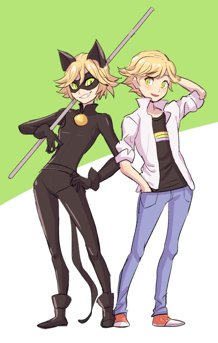 2boys, adrien_agreste, animal_ears, bell, black_bodysuit, blonde_hair, bodysuit, boots