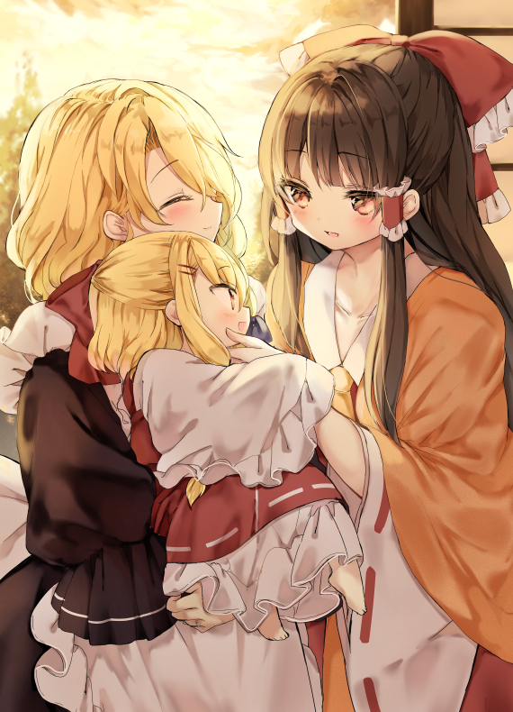 3girls, ^_^, apron, ascot, bangs, blonde_hair, blunt_bangs, bow