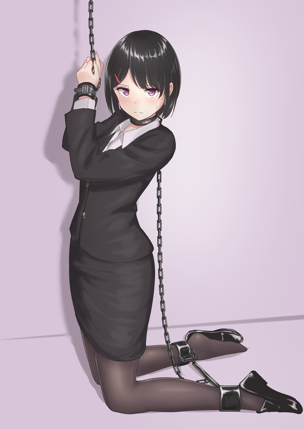1girl, bad_id, bad_twitter_id, bangs, bdsm, black_hair, black_shoes, black_skirt