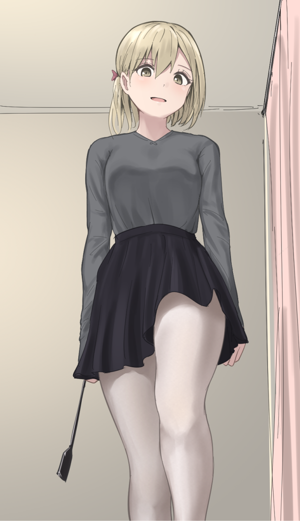 1girl, arms_at_sides, bad_id, bad_twitter_id, bangs, black_skirt, blonde_hair, blouse