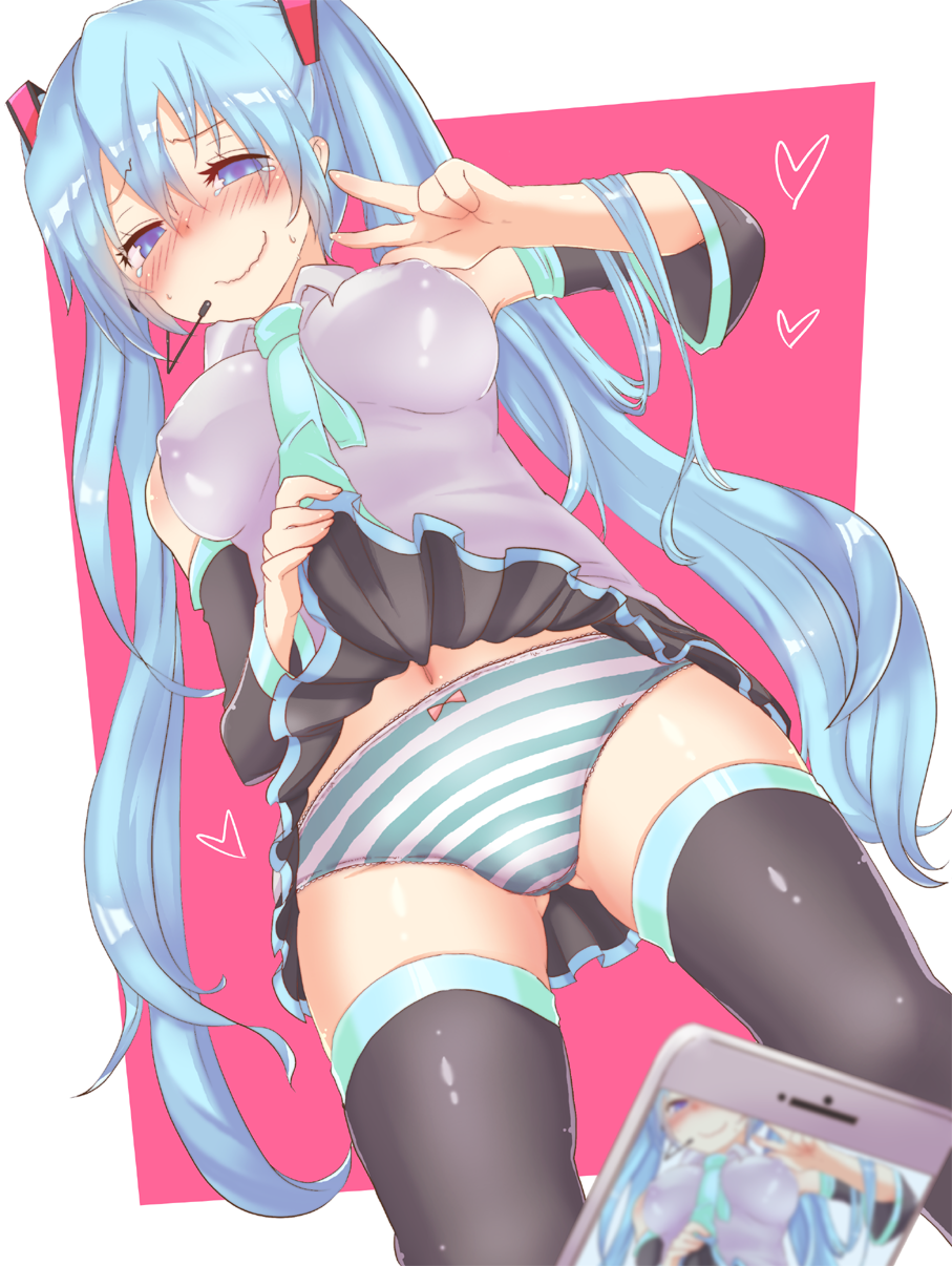 1girl, bangs, bare_shoulders, black_skirt, blue_eyes, blue_hair, blush, bow, bow_panties, breasts, cellphone, closed_mouth, collared_shirt, detached_sleeves, embarrassed, erect_nipples, fingernails, flashing, from_below, gluteal_fold, green_necktie, grey_shirt, hair_ornament, hatsune_miku, headphones, heart, highres, kusoyuridanchi, large_breasts, long_hair, looking_at_viewer, medium_breasts, navel, necktie, nose_blush, panties, pantyshot, phone, pink_bow, pleated_skirt, pulled_by_self, shirt, skirt, skirt_hold, skirt_lift, sleeveless, sleeveless_shirt, smartphone, smile, solo, striped, striped_panties, sweat, taking_picture, thigh-highs, twintails, underwear, very_long_hair, vocaloid, w, wavy_mouth, wing_collar