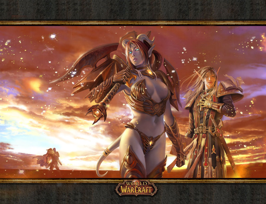 azazel1944, bikini_armor, blood_elf, blue_skin, draenei, elf, gloves, paladin_(warcraft)