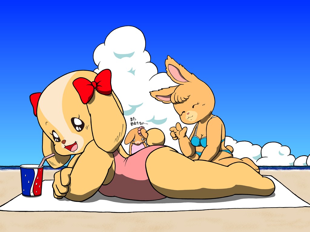 3girls, beach, bikini, crying, crying_with_eyes_open, dog, furry, happy