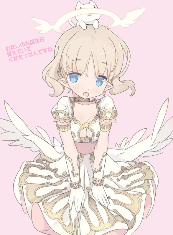 angel, angel_wings, blade_(galaxist), blonde_hair, blue_eyes, blush, cat, choker, dress, gloves, halo, misty_sheikh, open_mouth, pointy_ears, pop-up_story, shiroe_adele, short_hair, smile, white_gloves, wings