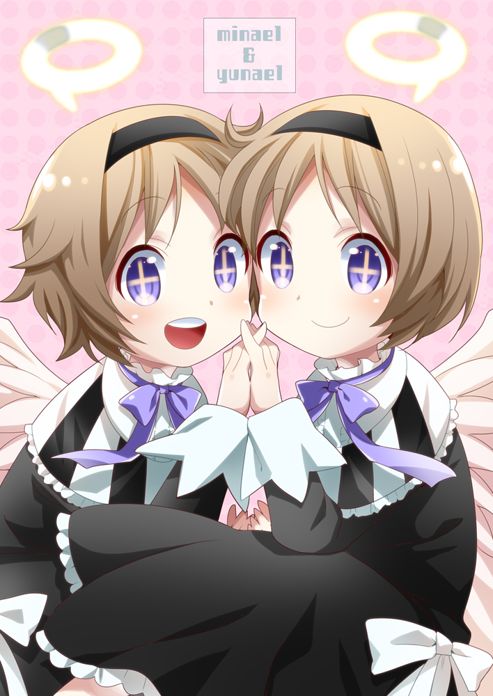 2girls, angel_wings, blonde_hair, character_name, hairband, halo, interlocked_fingers, mahou_shoujo_ikusei_keikaku