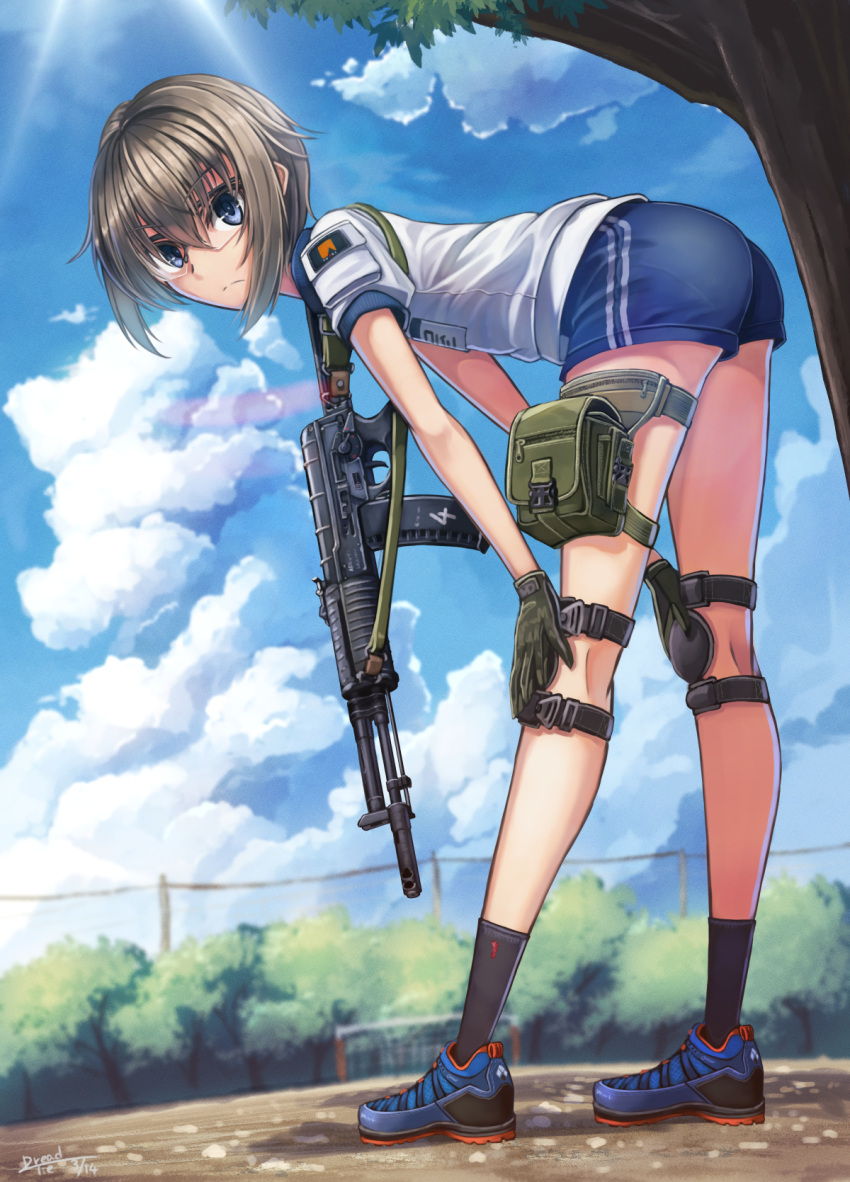 1girl, ashiya_saki, assault_rifle, blue_eyes, brown_hair, dreadtie, gloves, gun, gym_uniform, highres, holster, knee_pads, looking_at_viewer, original, rifle, safety_glasses, short_hair, solo, thigh_holster, weapon