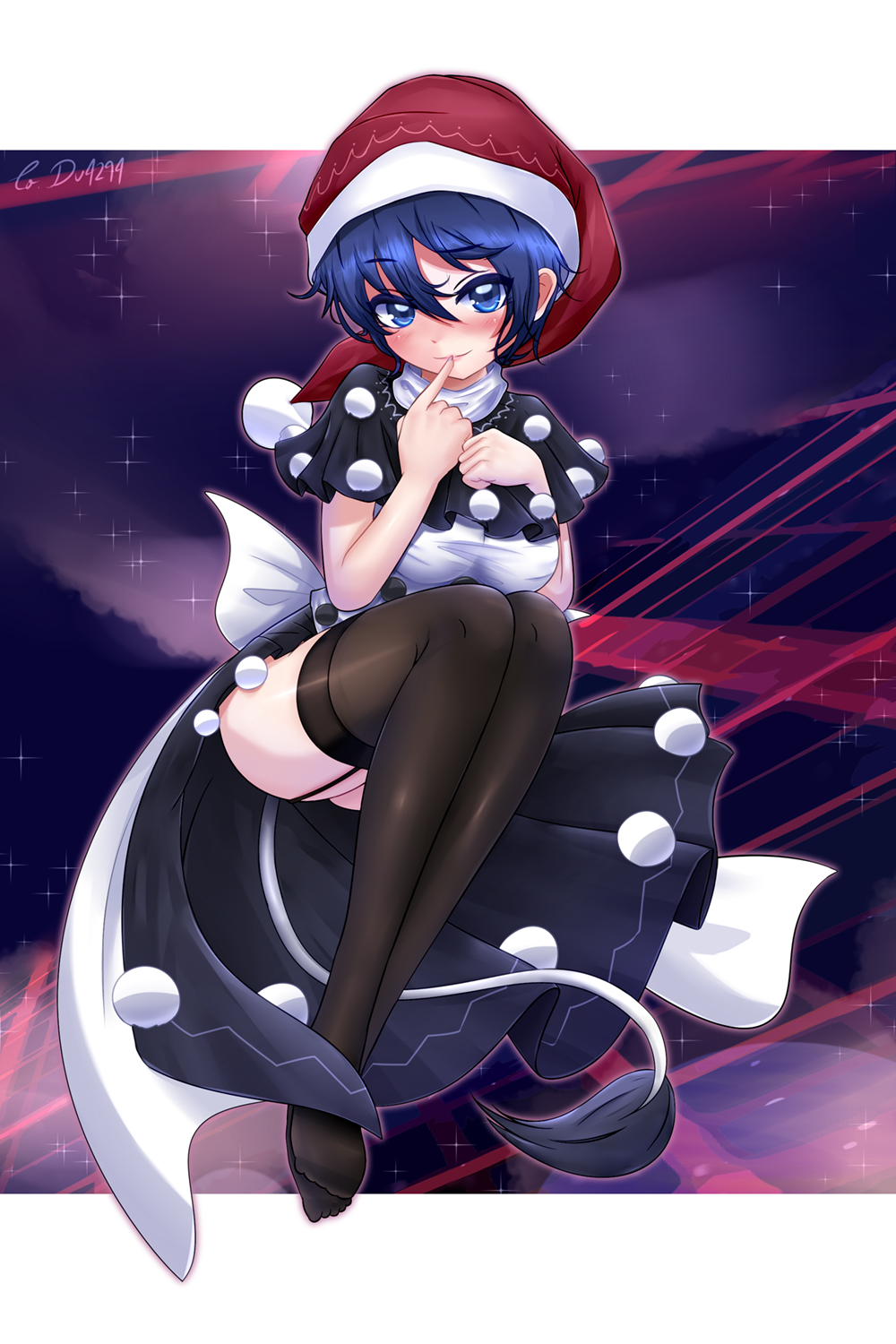 1girl, ass, aura, bangs, black_dress, black_legwear, blue_eyes, blue_hair