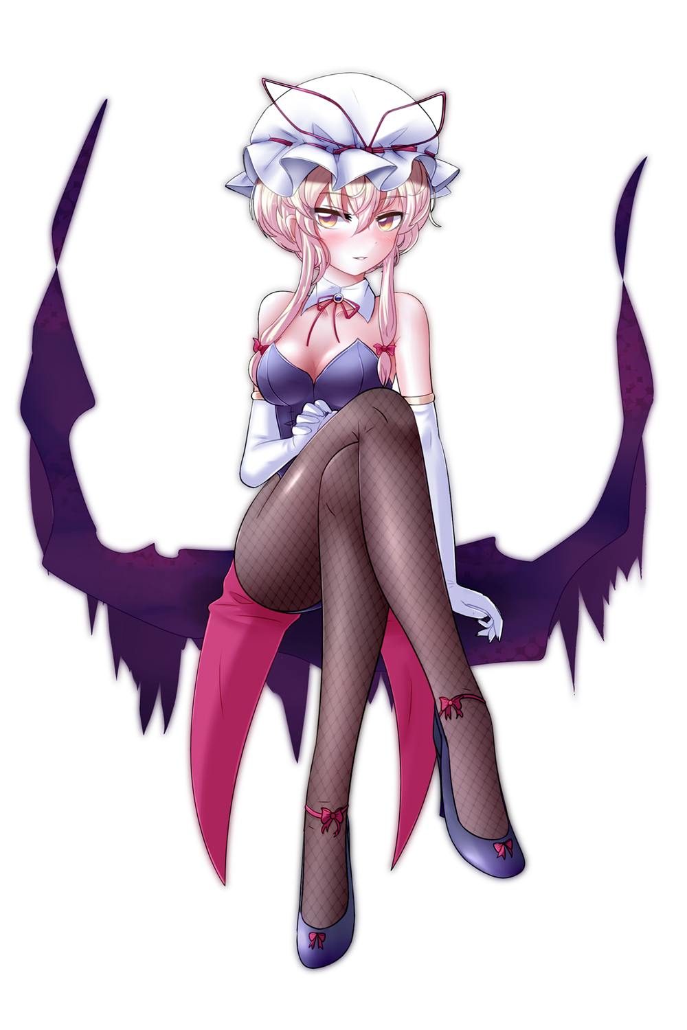 1girl, alternate_costume, alternate_eye_color, alternate_hairstyle, ankle_ribbon, aura, bangs, bare_shoulders