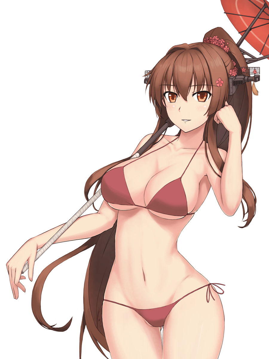 1girl, bikini, blush, breasts, brown_eyes, brown_hair, cleavage, collarbone