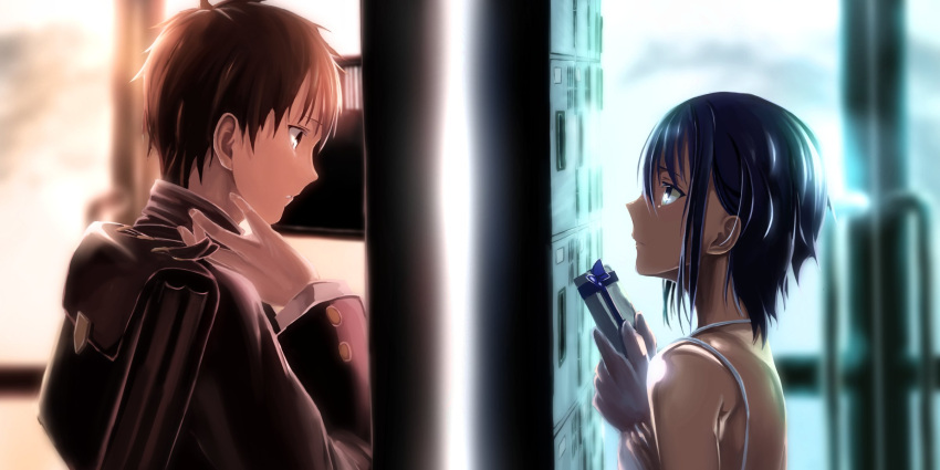 1boy, 1girl, assassin_(fate/prototype_fragments), bare_shoulders, blush, brown_hair, couple, dark_skin