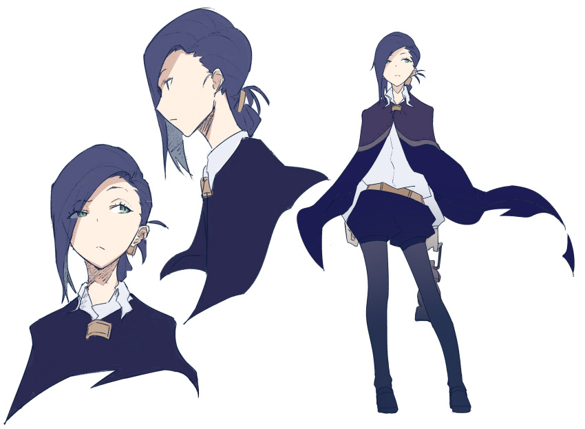 1girl, asymmetrical_bangs, bangs, blouse, blue_hair, cape, expressionless, eyelashes