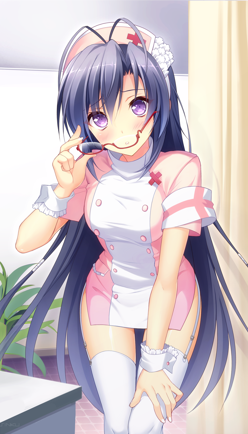 1boy, 1girl, antenna_hair, dress, garter_straps, glasses, glasses_removed, hand_on_own_thigh, hat, highres, kokura_asahi, leaning_forward, long_hair, nurse, nurse_cap, purple_hair, removing_glasses, short_dress, solo, source_request, thigh-highs, thigh_gap, tsuki_ni_yorisou_otome_no_sahou, very_long_hair, violet_eyes, white_legwear, wrist_cuffs, yadamon_(neverland), zettai_ryouiki