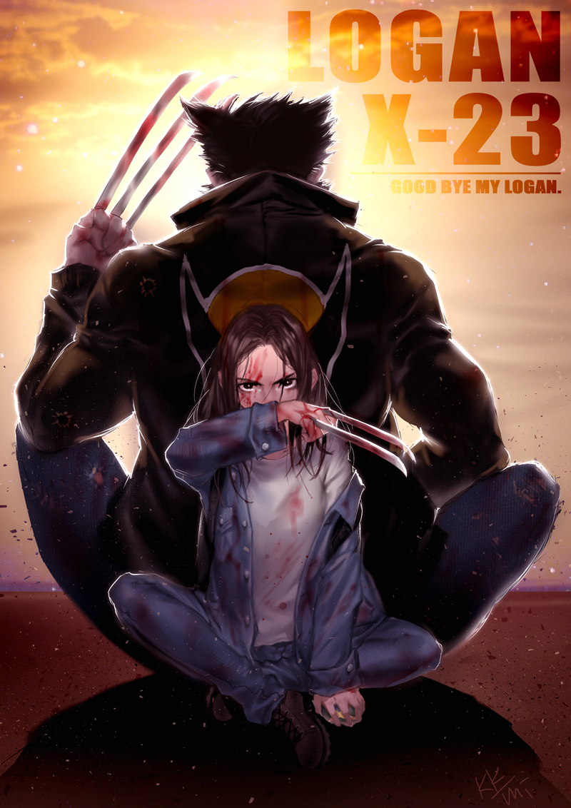 1boy, 1girl, back-to-back, black_hair, blood, bloody_clothes, bloody_weapon, claw_(weapon)