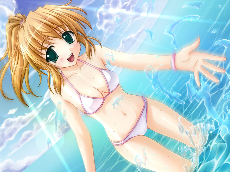 blonde_hair, dutch_angle, game_cg, green_eyes, kusaka_ayano, long_hair, mahiro_takeumi, ponytail, school_festa, splash, swimsuit, water
