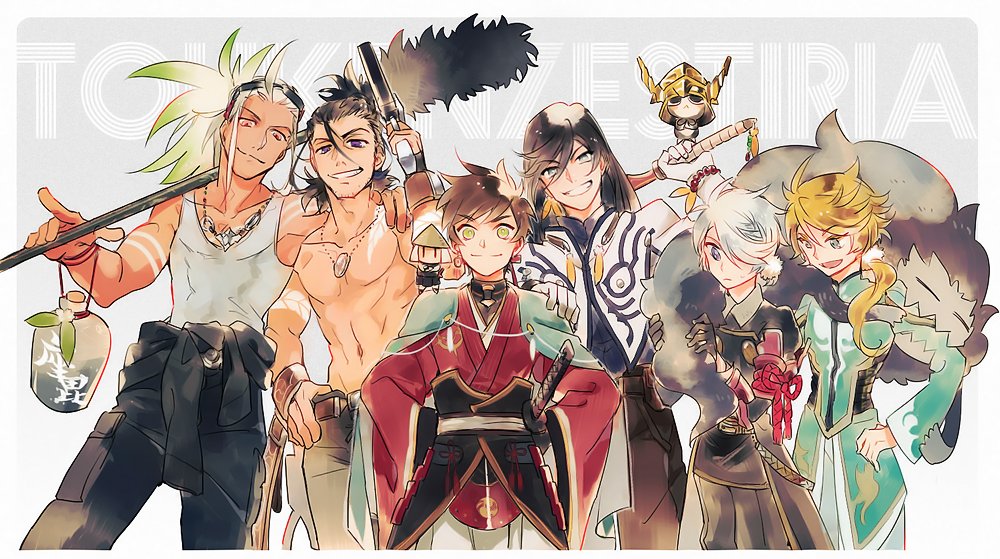 6+boys, bandaged_arm, biting, black_hair, blonde_hair, blue_eyes, cosplay, costume_switch, crossover, facial_hair, gotou_(pixiv37128), gourd, green_eyes, green_hair, grin, gun, hair_over_one_eye, hand_on_hip, hat, holding, holding_weapon, izumi-no-kami_kanesada, izumi-no-kami_kanesada_(cosplay), jacket_on_shoulders, japanese_clothes, jewelry, jumpsuit, kimura_ryouhei, light_infantry_(touken_ranbu), long_hair, looking_down, male_focus, mikleo_(tales), mikleo_(tales)_(cosplay), multiple_boys, navel, necklace, nihongou_(touken_ranbu), nihongou_(touken_ranbu)_(cosplay), nue, oosaka_ryota, oosaka_ryouta, ponytail, rice_hat, sake_barrel, seiyuu_connection, shirtless, shishiou, shishiou_(cosplay), shishiou_no_mofumofu, smile, sorey_(tales), sorey_(tales)_(cosplay), stubble, tales_of_(series), tales_of_zestiria, tank_top, touken_ranbu, tousou_(touken_ranbu), tsuda_kenjirou, violet_eyes, weapon, white_hair, yellow_eyes, zaveid_(tales), zaveid_(tales)_(cosplay)