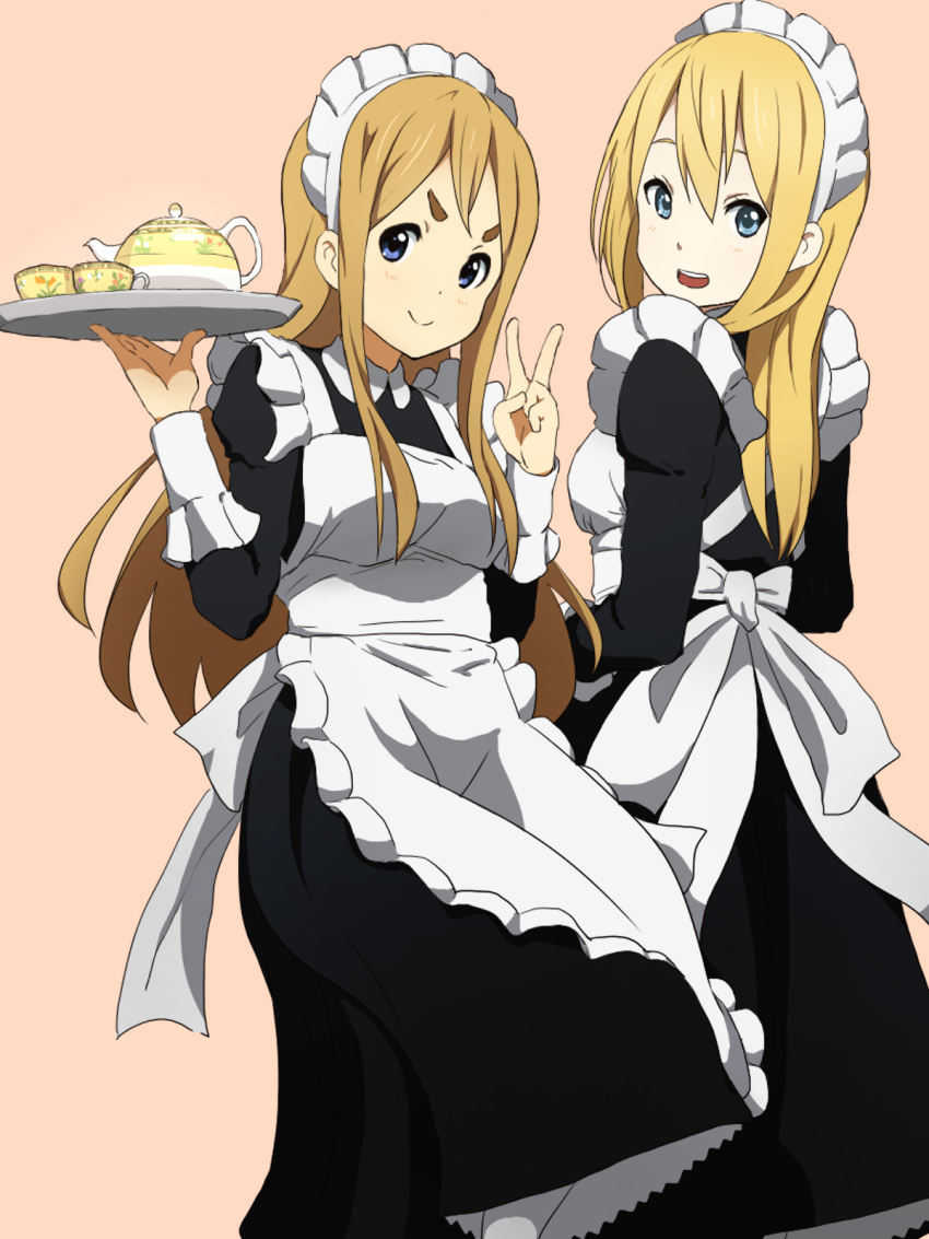 2girls, apron, blonde_hair, blue_eyes, cup, highres, k-on!, kicchi_(tmgk)