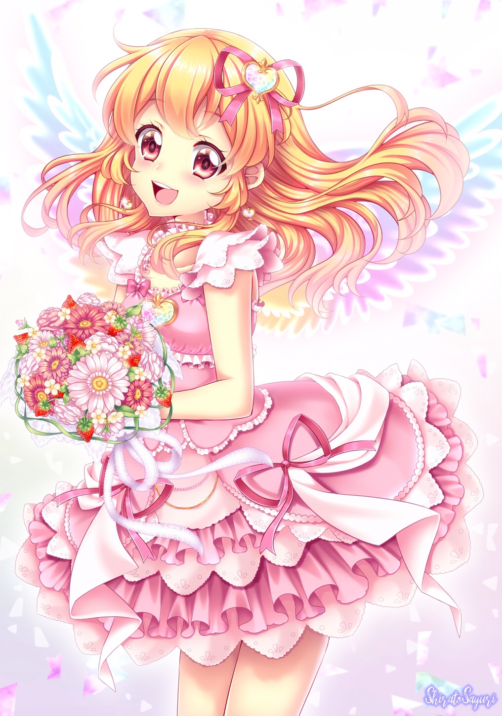 1girl, aikatsu!, artist_name, birthday, blonde_hair, bouquet, dress, earrings