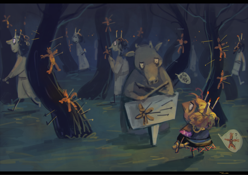 blonde_hair, candle, commentary, curse, forest, koto_inari, mizuhashi_parsee, nail