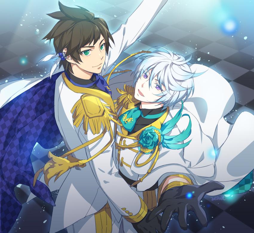 2boys, absurdres, alternate_costume, blue_rose, capelet, checkered, checkered_floor, earrings