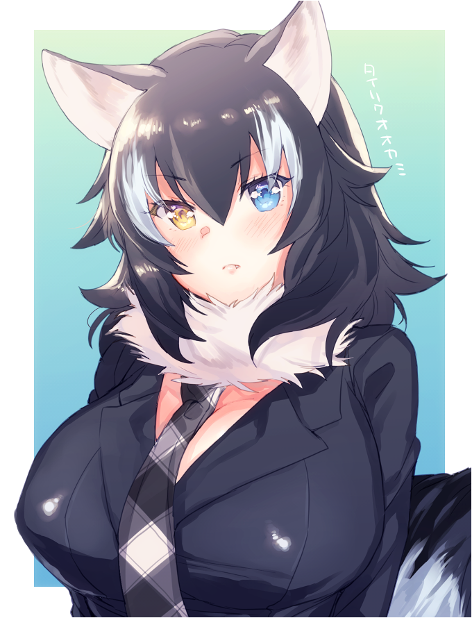 >:(, 1girl, alternate_breast_size, animal_ears, batten_(yukibara_7), black_hair, blue_background, blue_eyes