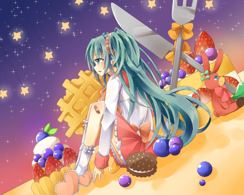 1girl, aqua_eyes, aqua_hair, biscuit, bow, bowtie, cake, cupcake