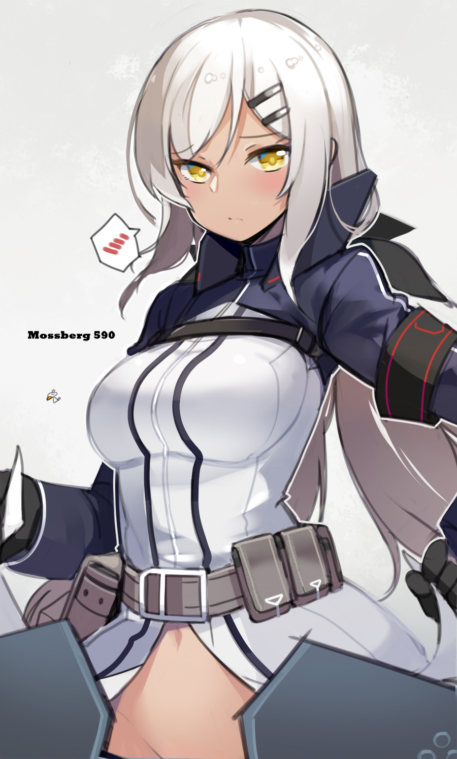 1girl, aosora_kamiya, armband, belt_pouch, black_ribbon, blush, breasts, character_name