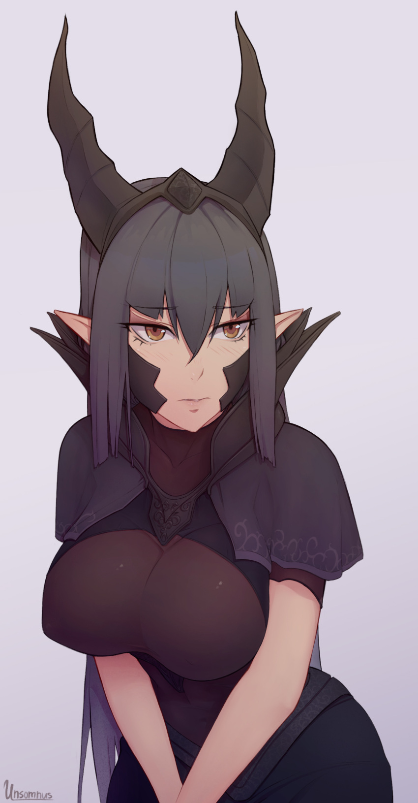 1girl, absurdres, black_hair, black_knight_(dark_souls), blush, bodysuit, breasts, brown_eyes