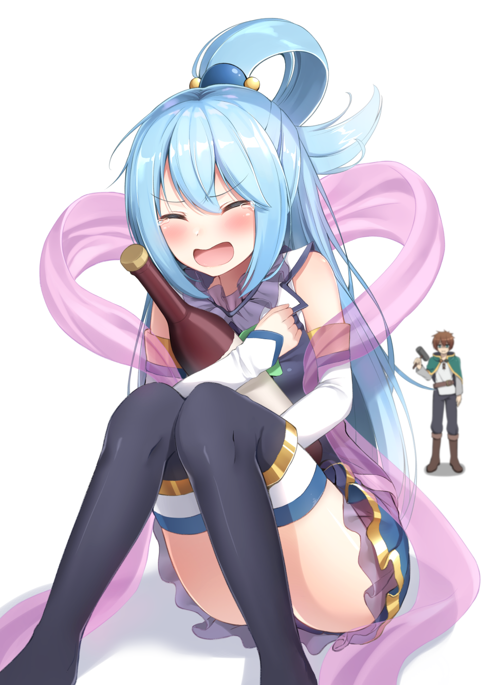 1boy, 1girl, aqua_(konosuba), bangs, belt, black_boots, black_legwear, black_pants