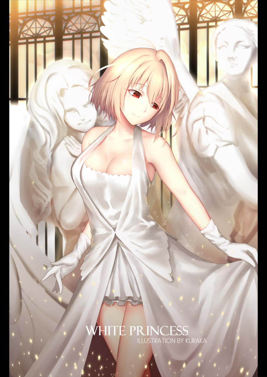 1girl, absurdres, ahoge, angel, arcueid_brunestud, armpits, bare_legs, bare_shoulders, blonde_hair, breasts, cleavage, collarbone, dress, eyebrows_visible_through_hair, gloves, hair_between_eyes, hair_intakes, highres, holding_skirt, kuraka, large_breasts, light_particles, looking_away, looking_to_the_side, red_eyes, short_hair, smile, solo, statue, sunlight, thighs, tsukihime, type-moon, white_dress