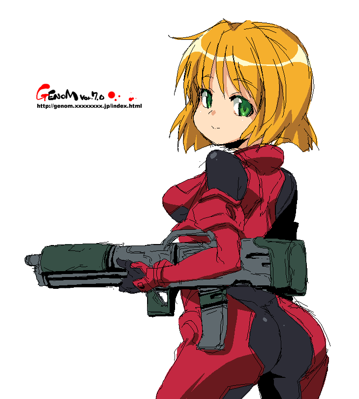 blonde_hair, bodysuit, capcom, green_eyes, gun, oekaki, omokane_saki, onija_taro