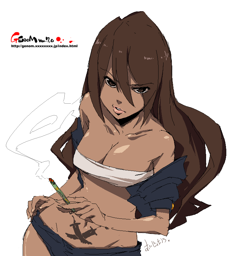 1girl, bare_shoulders, breasts, brown_eyes, brown_hair, cigar, cleavage, curvy