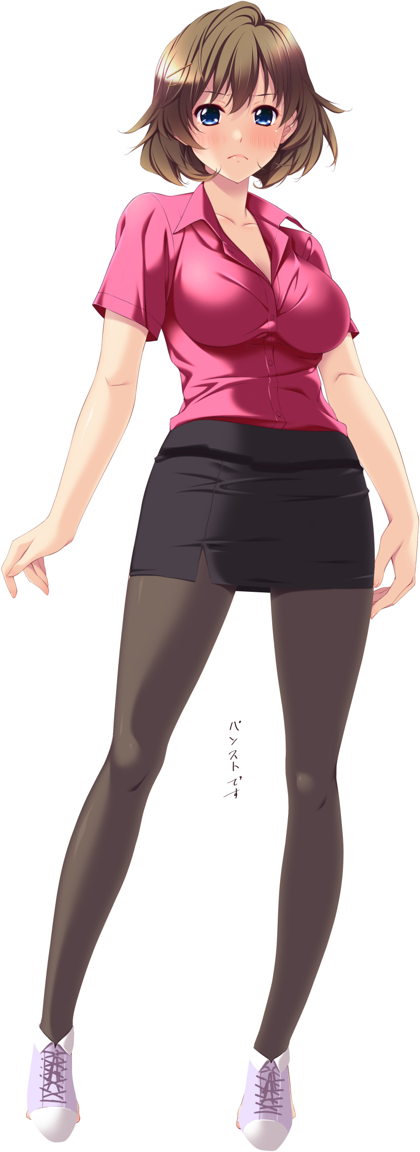 1girl, absurdres, black_legwear, blue_eyes, blush, breasts, brown_hair, dress_shirt
