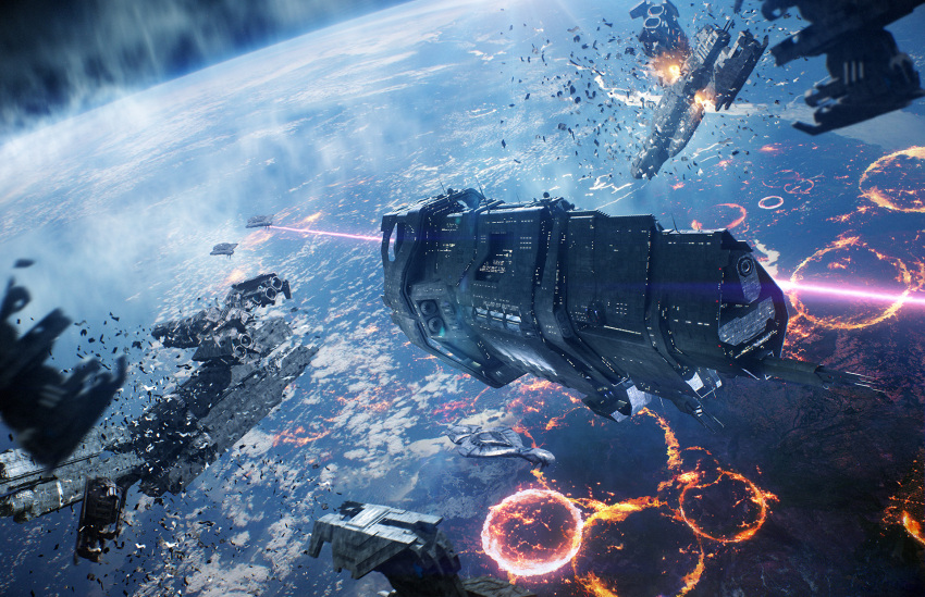 agnidevi, battle, explosion, firing, halo, halo_(game), highres, laser, no_humans, planet, space_craft, wreckage