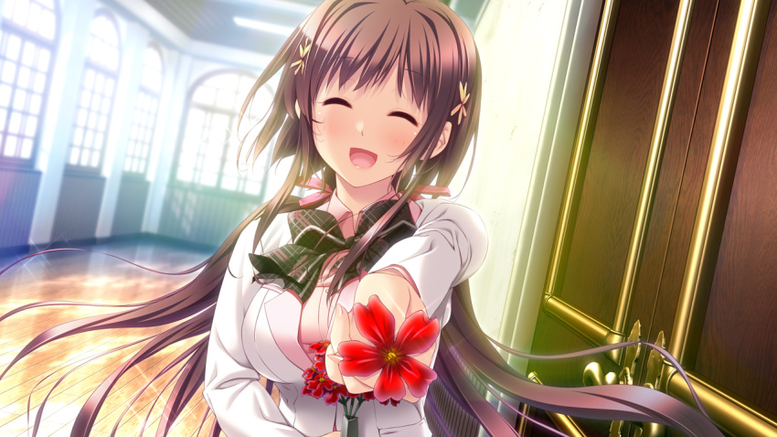 1girl, blush, bow, brown_hair, closed_eyes, door, flower, game_cg