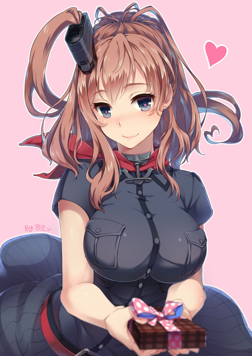 1girl, anchor, belt, black_dress, blush, box, breast_pocket, breasts