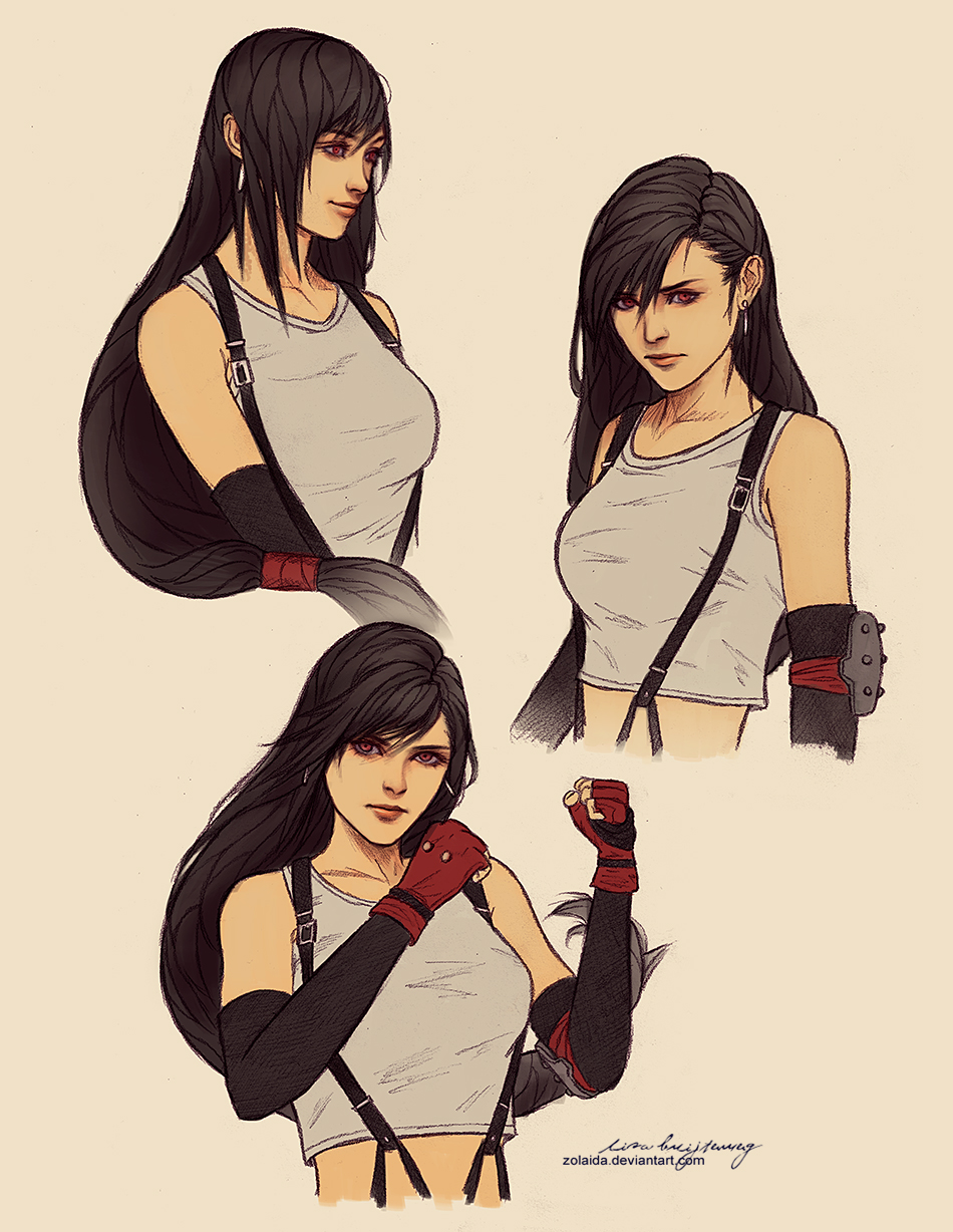 1girl, black_hair, breasts, clenched_hands, earrings, elbow_pads, fighting_stance, final_fantasy