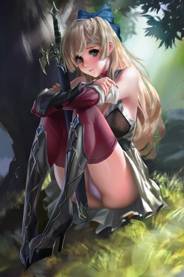 1girl, armor, armored_boots, black_eyes, blonde_hair, blue_bow, blush, boots, bow, breasts, bruce_zhang_(awpzzggg), circlet, closed_mouth, commentary, crossed_arms, dutch_angle, full_body, hair_bow, head_tilt, high_heels, knee_boots, long_hair, looking_at_viewer, medium_breasts, original, outdoors, panties, pantyshot, pantyshot_(sitting), platform_footwear, red_legwear, sheath, sheathed, sitting, skirt, solo, sword, thigh-highs, tree, underwear, very_long_hair, weapon