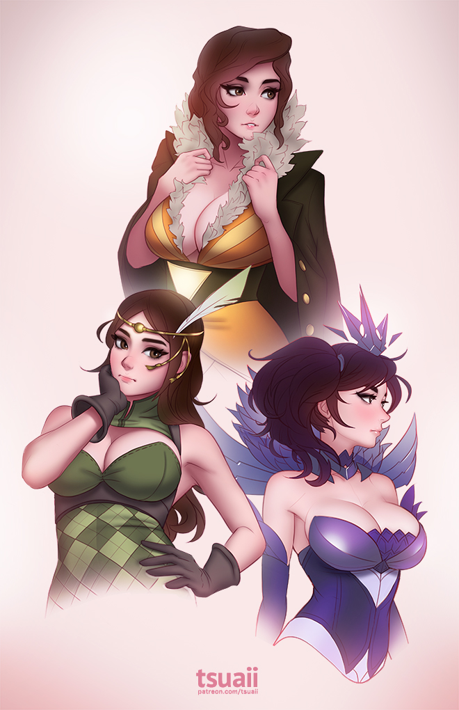 3girls, artist_name, bare_shoulders, black_gloves, breasts, brown_eyes, brown_hair, cleavage