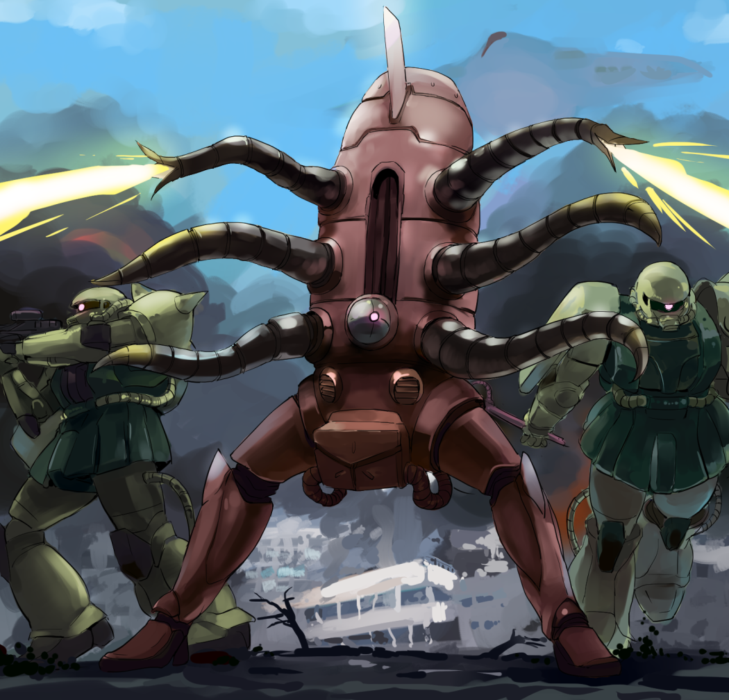beam, commentary_request, glowing, glowing_eye, gundam, gundam-san, horn, mecha, mobile_suit_gundam, no_humans, one-eyed, sinzan, standing, tentacle, zaku_ii, zogojuash