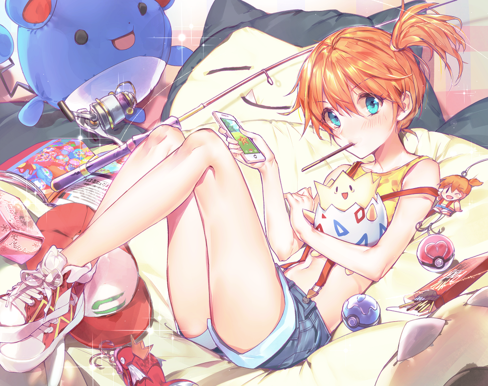 1girl, bangs, bare_shoulders, baseball_cap, blue_eyes, blue_shorts, blush, breasts, cellphone, collarbone, crop_top, cross-laced_footwear, cutoffs, day, denim, denim_shorts, drawstrings, eyebrows_visible_through_hair, eyelashes, fishing_hook, fishing_line, fishing_rod, food, hair_between_eyes, hair_ornament, hair_tie, hat, holding, holding_cellphone, holding_phone, joypyonn, kasumi_(pokemon), knees_up, lying, magazine, magikarp, midriff, mouth_hold, on_back, orange_hair, outdoors, phone, pocky, poke_ball, pokemon, pokemon_(anime), pokemon_(creature), pokemon_go, red_hat, shirt, shoes, short_hair, short_shorts, shorts, side_ponytail, sleeveless, sleeveless_shirt, small_breasts, smartphone, sneakers, snorlax, solo, stomach, stuffed_animal, stuffed_toy, suspenders, swimsuit, togepi