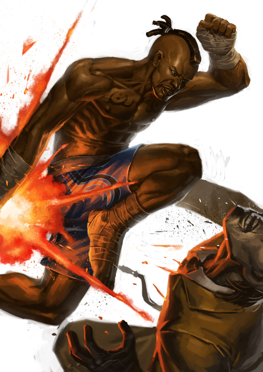 2boys, ameen_naksewee, bandage, bandaged_hands, black_eyes, black_gloves, black_hair, bruce_irvin, clenched_hand, dark_skin, dark_skinned_male, gloves, highres, kneeing, male_focus, multiple_boys, muscle, open_mouth, sergei_dragunov, shirtless, shorts, tattoo, tekken, tekken_6