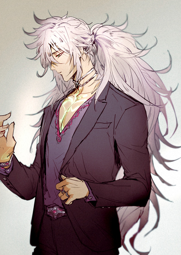 1boy, changye, dark_skin, fate/apocrypha, fate_(series), formal, green_eyes, long_hair