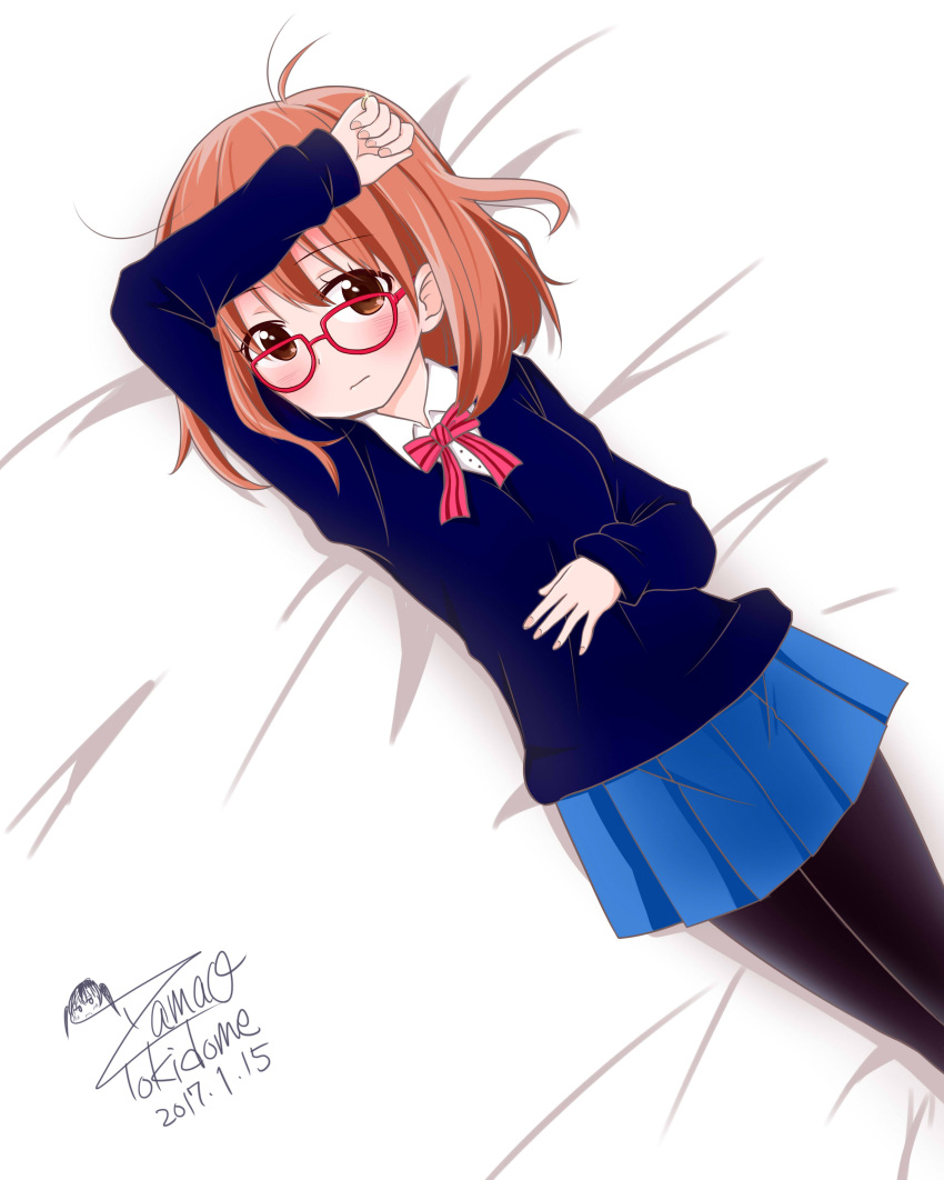1girl, 2017, absurdres, arm_up, artist_name, black_legwear, blue_skirt, bow