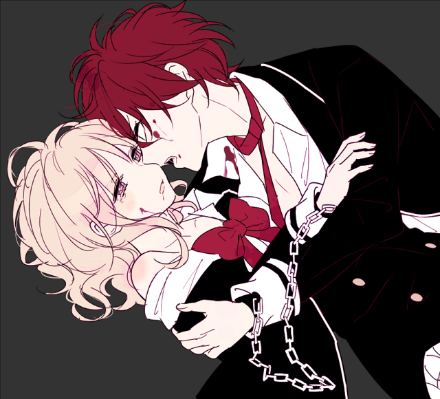 blonde_hair, diabolik_lovers, kiri_(qoo), komori_yui, pink_eyes, sakamaki_ayato