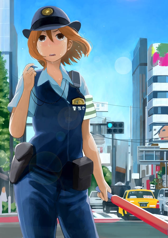 brown_eyes, brown_hair, cars, city, hat, short_hair, sky, sweat, sweating, tarocyan, uniform, vehicle